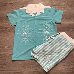 Hunk Swimsuit Set‎ Shirt Swimtrunks Board Shorts Mens Medium Blue Swim LGBT Gay